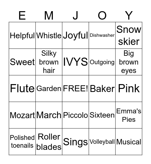 Emma's Sweet Sixteen Bingo Card