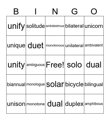 Ones and Twos Bingo Card