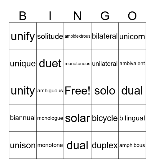 Ones and Twos Bingo Card