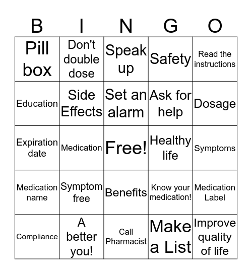Medication Compliance Bingo Card