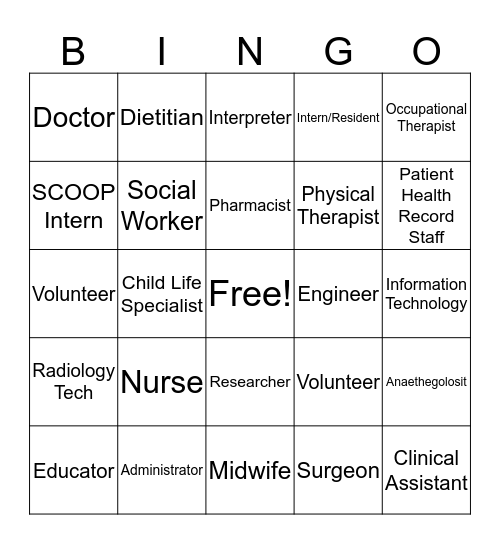 Professions In a Hospital Bingo Card
