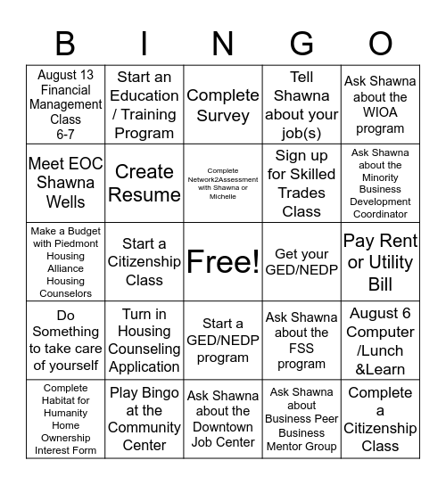 August Community Wealth Building Bingo Card