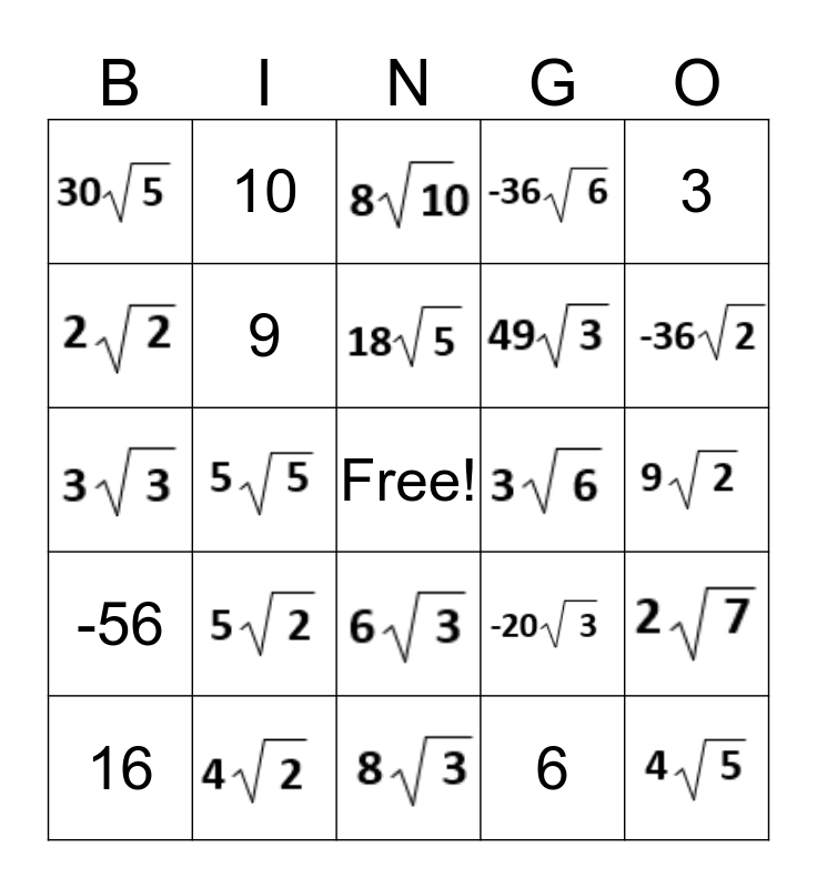 Simplifying Radicals Bingo Card