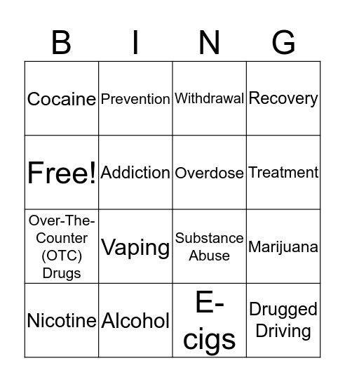 Substance Abuse  Bingo Card
