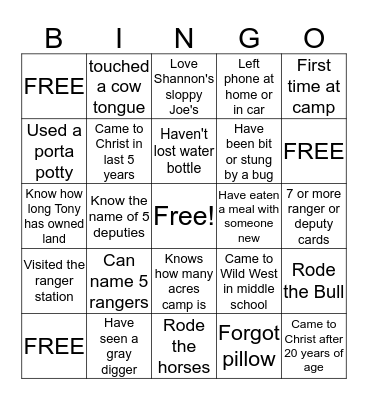 Wild West Bingo Card