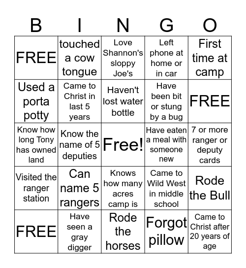 Wild West Bingo Card