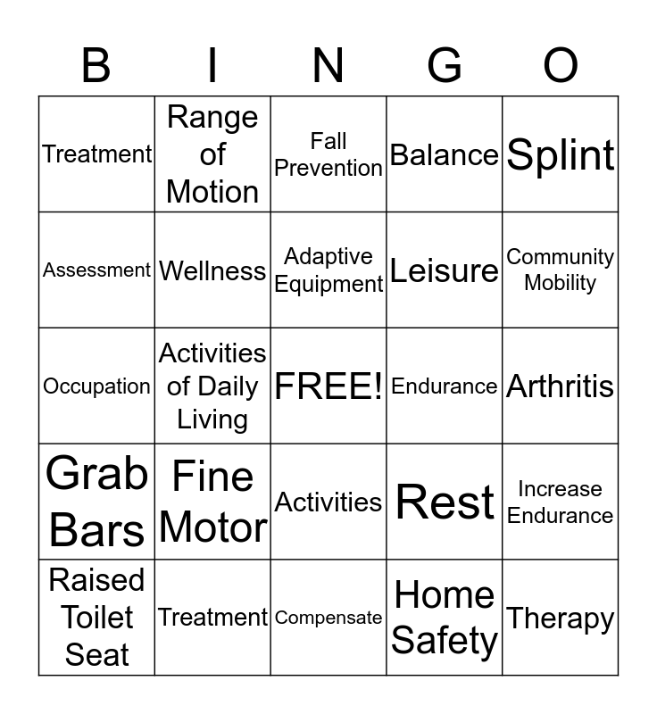Occupational Therapy Bingo Card