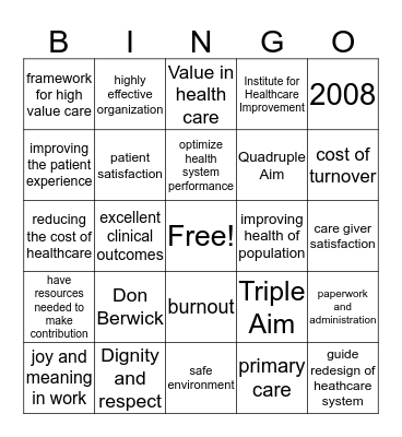 Quadruple Aim Bingo Card