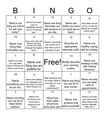 Life Skills Bingo Card