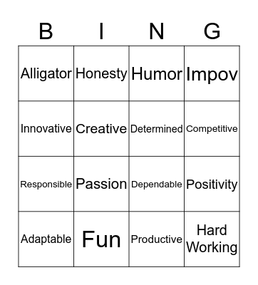 Core Values Bingo Card