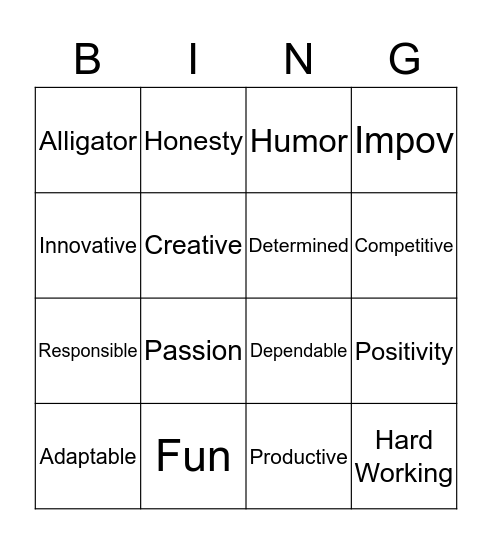 Core Values Bingo Card
