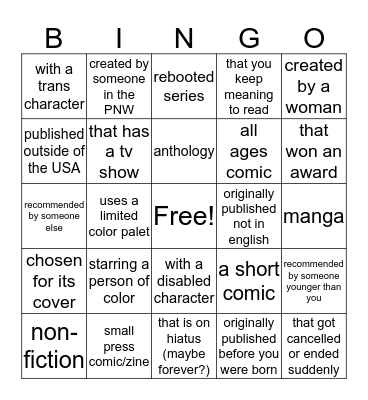 Outsider Comics Summer Reading Challange Bingo Card