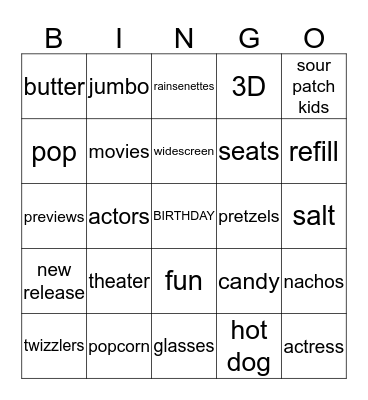 A Night At The Movies Bingo Card