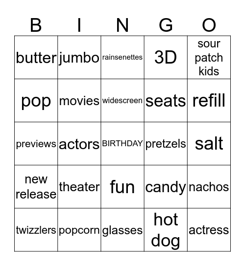 A Night At The Movies Bingo Card
