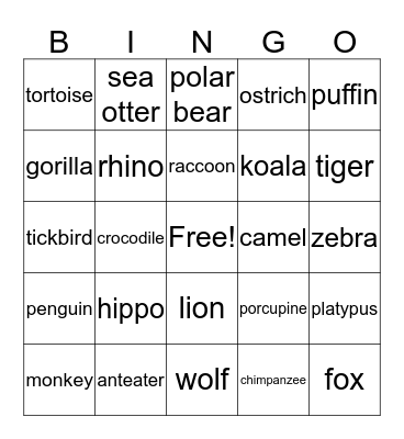 Wild Animals Bingo Card