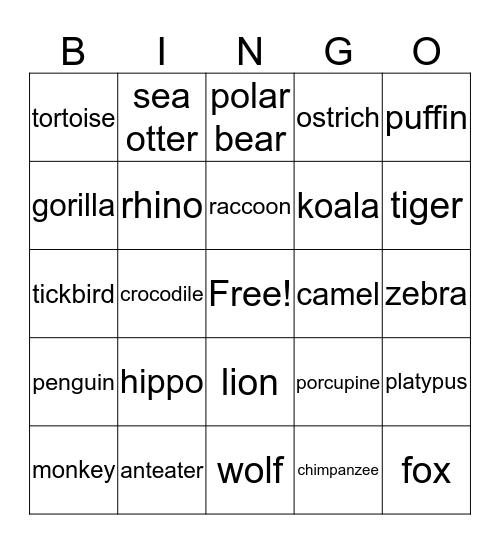Wild Animals Bingo Card