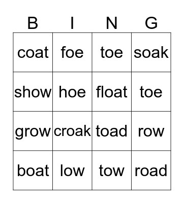 Long O vowel Bingo Card