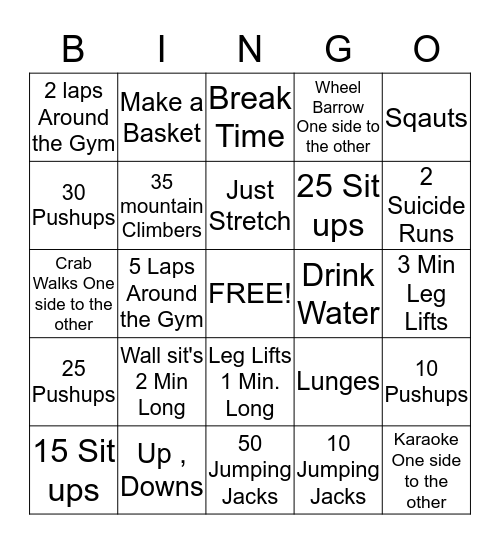 Excercise Bingo Card