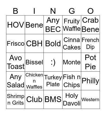 Menu Bingo Card