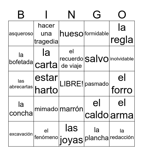 Vocabulario de Lección de Cosas Bingo Card