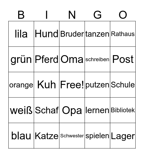 German Vocab Bingo Card