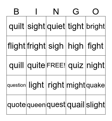 "igh" and "qu" Bingo Card