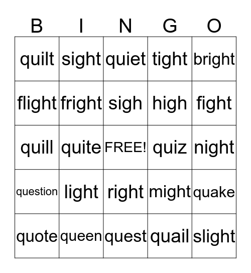 "igh" and "qu" Bingo Card