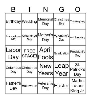 Important Days  Bingo Card