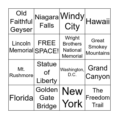 United States Landmarks  Bingo Card