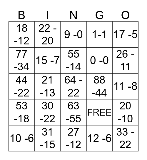 Subtraction Bingo Card