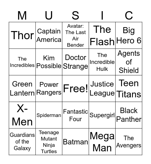 Superhero Music Bingo Card