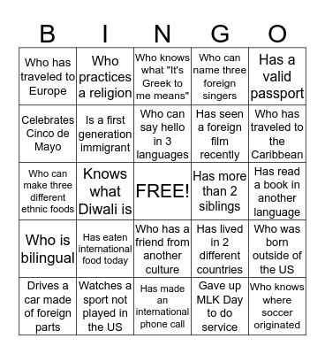 Multi-Cultural Bingo Card