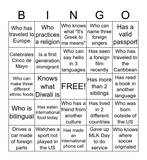 Multi-Cultural Bingo Card