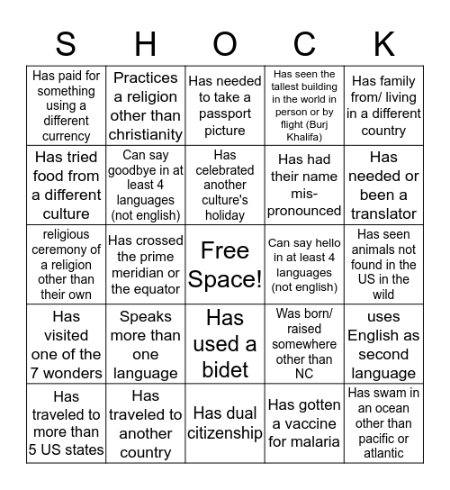 Culture SHOCK Bingo Card