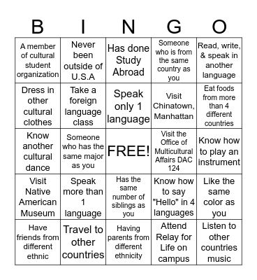 Multicultural Bingo Card