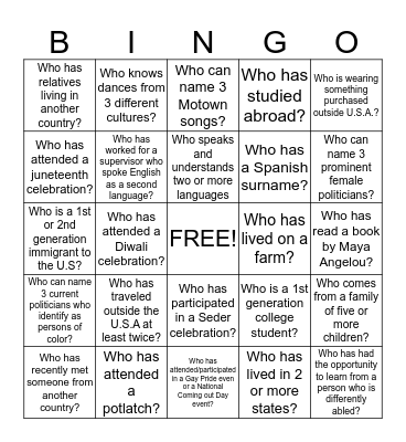 Multicultural Bingo Card