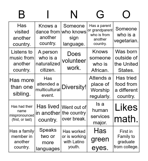 Multicultural Bingo  Bingo Card