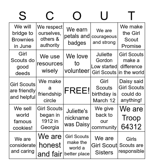 Girl Scouts Birthday BINGO Fun! Bingo Card
