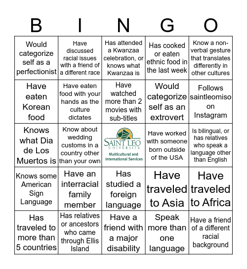 Saint Leo 2019 Cultural Diversity Bingo Card