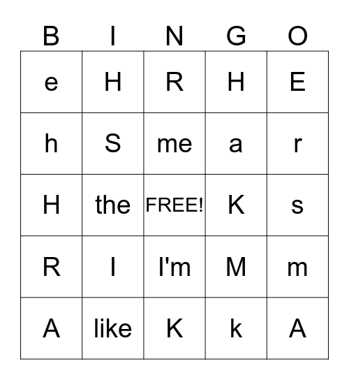Sight Words Bingo Card