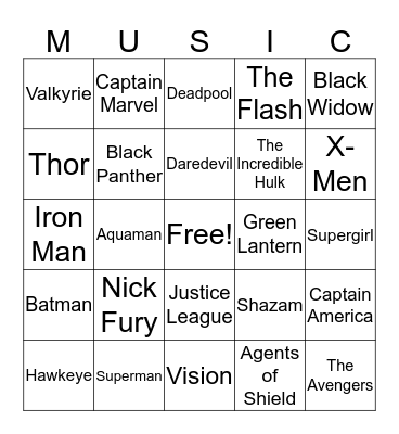 Marvel & DC Characters Music Bingo Card