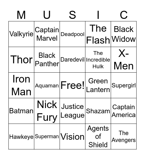 Marvel & DC Characters Music Bingo Card