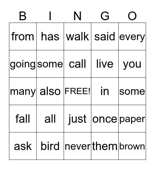 First Grade Sight Words 1 Bingo Card