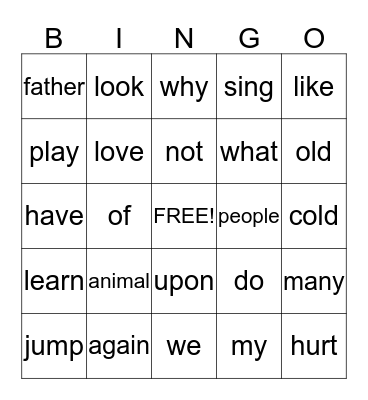First Grade Sight Words 2 Bingo Card