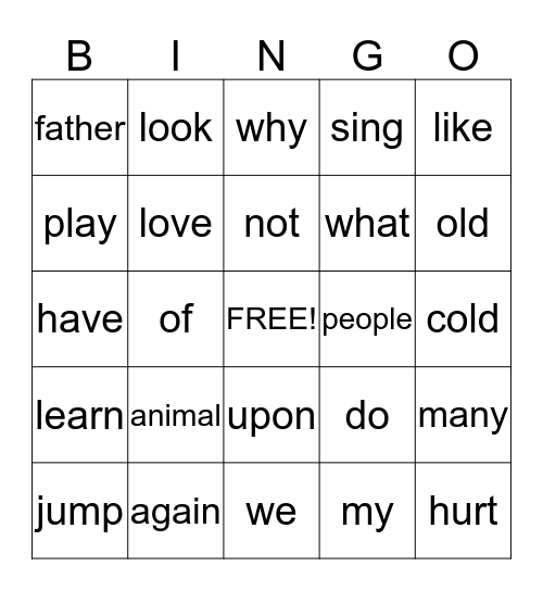 First Grade Sight Words 2 Bingo Card