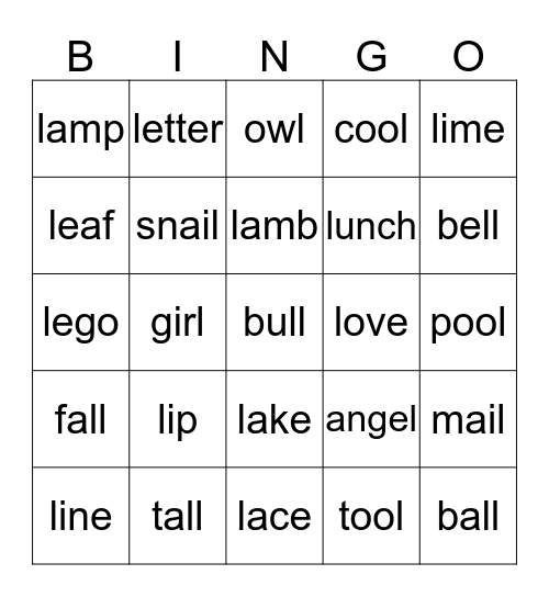 Initial and final L Bingo Card