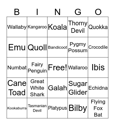 Wildlife of the Land Down Under Bingo Card