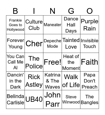 1980's Hits Bingo Card