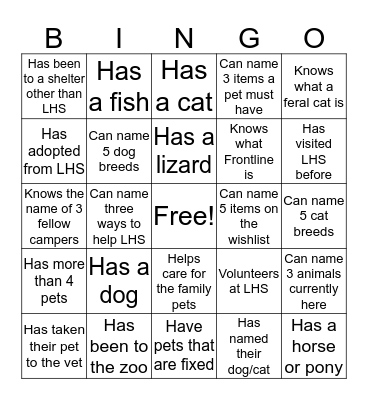 Junior Ambassadors Bingo Card