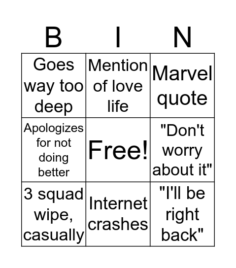 Joey-isms Bingo Card